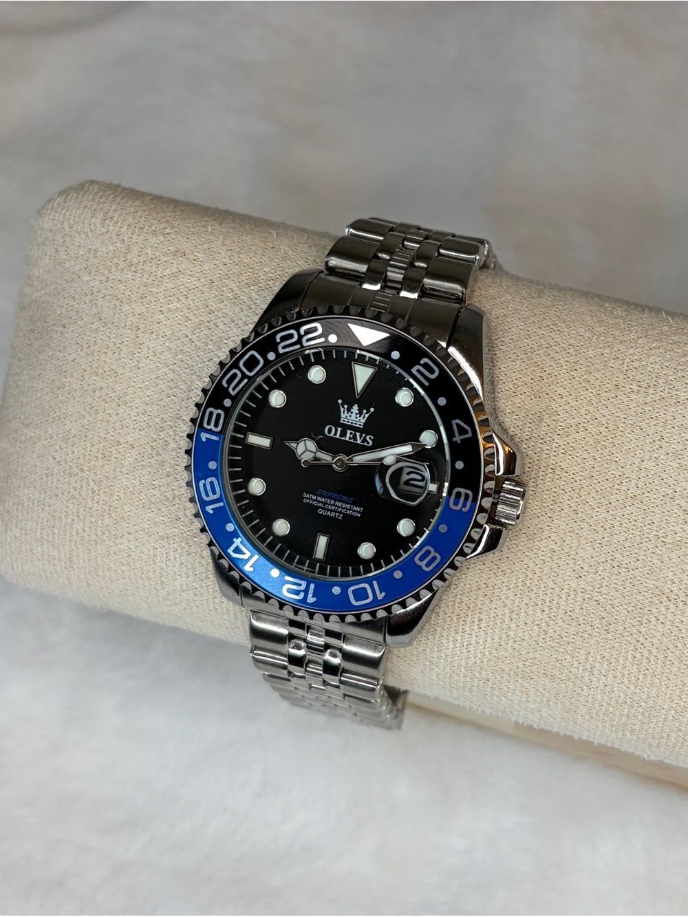 Men’s Original Olevs Stainless Steel GMT Quartz Watch With Date Window 40mm